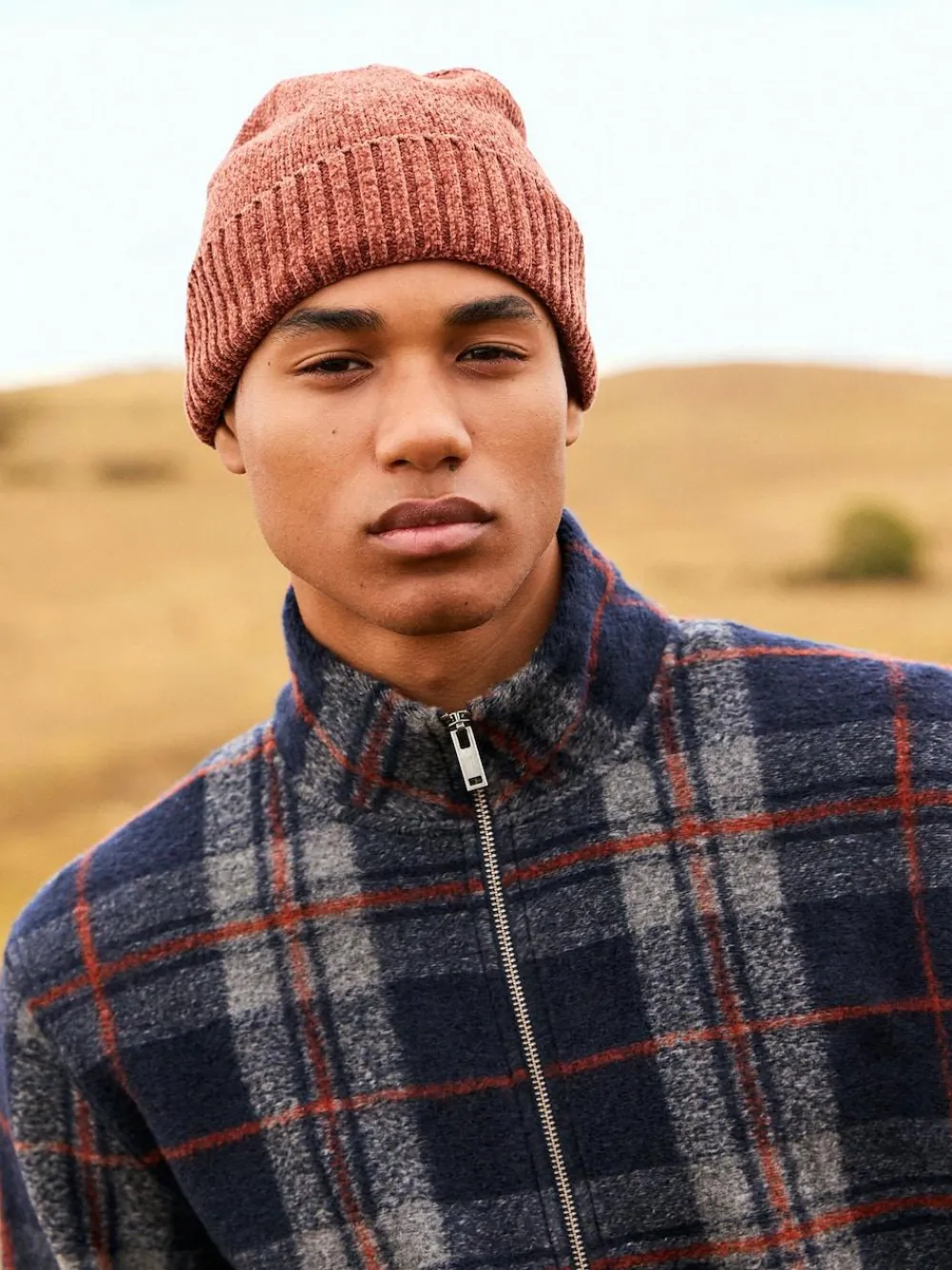 Hot Next Full Zip Funnel Neck Fleece Brown Check