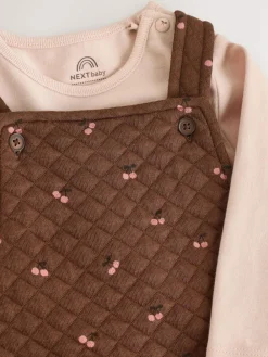 New Next Brown Cherry Quilted Dungaree and Bodysuit Baby 2 Piece Set (0mths-3yrs)