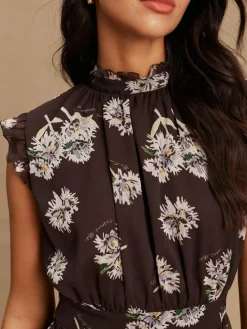 Outlet Next Printed High Neck Tiered Occasion Maxi Dress Brown Floral