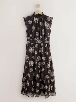 Outlet Next Printed High Neck Tiered Occasion Maxi Dress Brown Floral