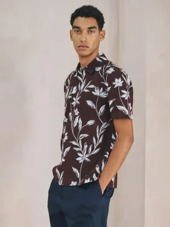 Online Next Brown Linen Tencel Blend Floral Print Short Sleeve Shirt