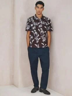 Online Next Brown Linen Tencel Blend Floral Print Short Sleeve Shirt
