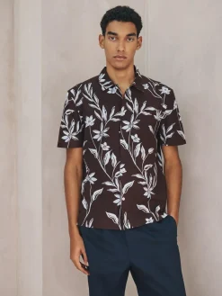 Online Next Brown Linen Tencel Blend Floral Print Short Sleeve Shirt