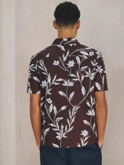 Online Next Brown Linen Tencel Blend Floral Print Short Sleeve Shirt