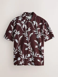 Online Next Brown Linen Tencel Blend Floral Print Short Sleeve Shirt