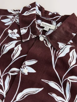 Online Next Brown Linen Tencel Blend Floral Print Short Sleeve Shirt