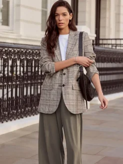 Discount Next Brown N.Premium Check Linen Rich Single Breasted Blazer