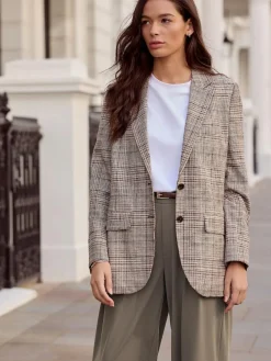 Discount Next Brown N.Premium Check Linen Rich Single Breasted Blazer