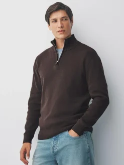 New Next Brown Plain N.Premium Regular Fit 100% Cotton Premium Quarter Zip Jumper