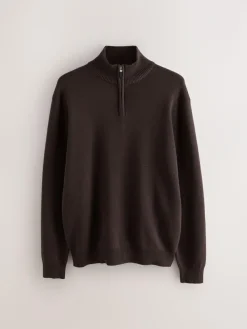 New Next Brown Plain N.Premium Regular Fit 100% Cotton Premium Quarter Zip Jumper
