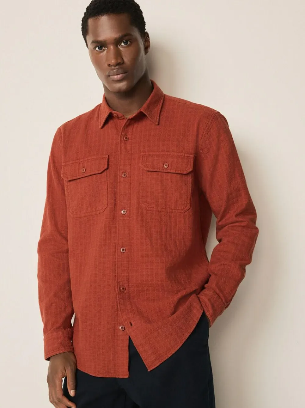 Discount Next Regular Fit Textured Waffle Long Sleeve Shirt Brown