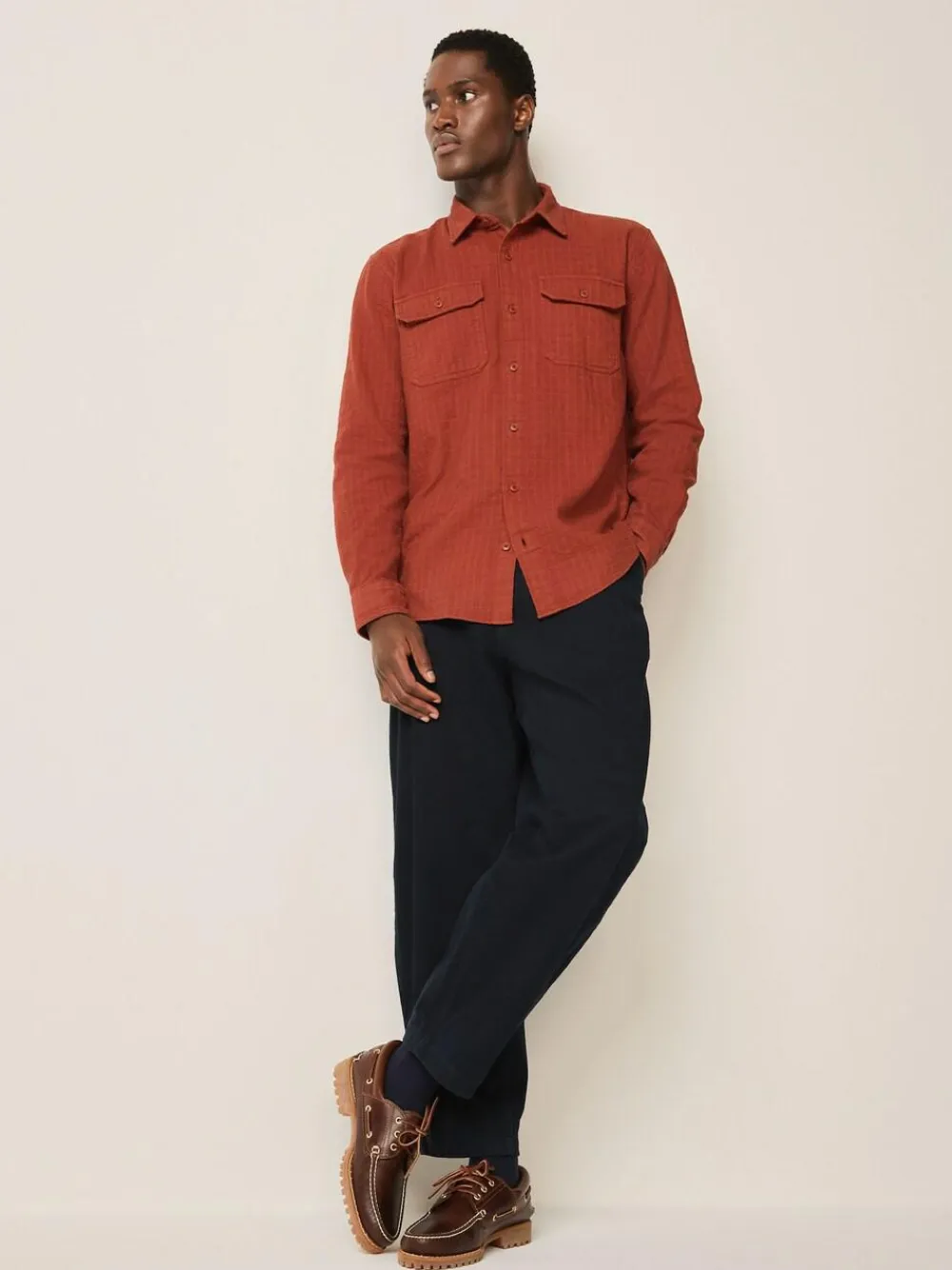 Discount Next Regular Fit Textured Waffle Long Sleeve Shirt Brown