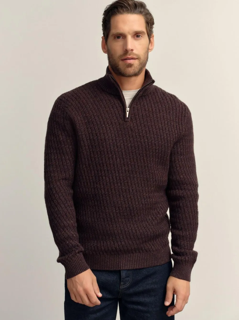 Sale Next Regular Fit Textured Quarter Zip Neck Jumper Brown