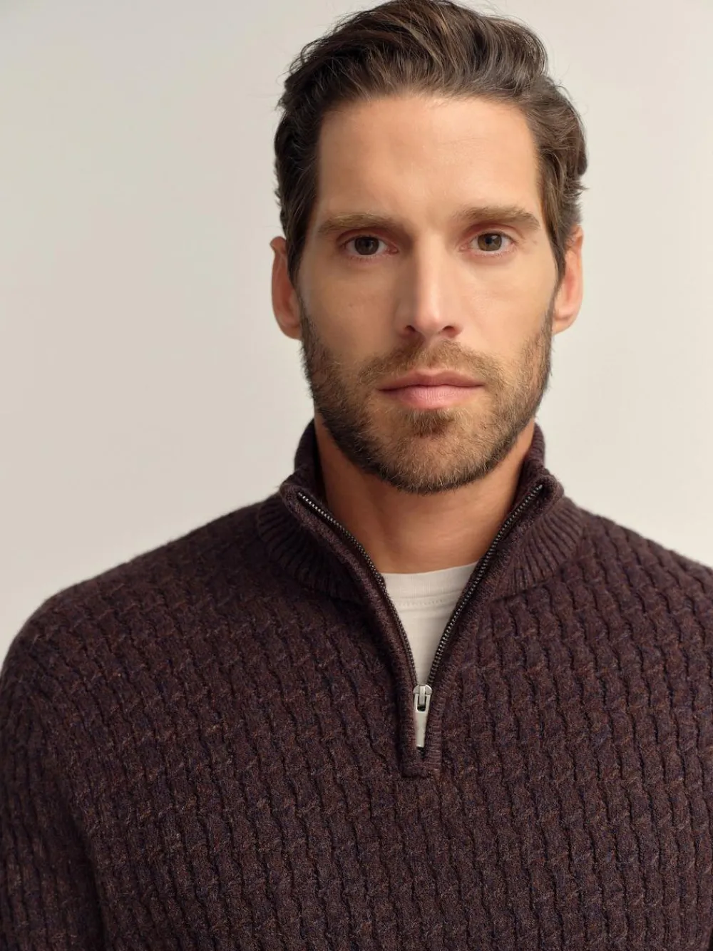 Sale Next Regular Fit Textured Quarter Zip Neck Jumper Brown