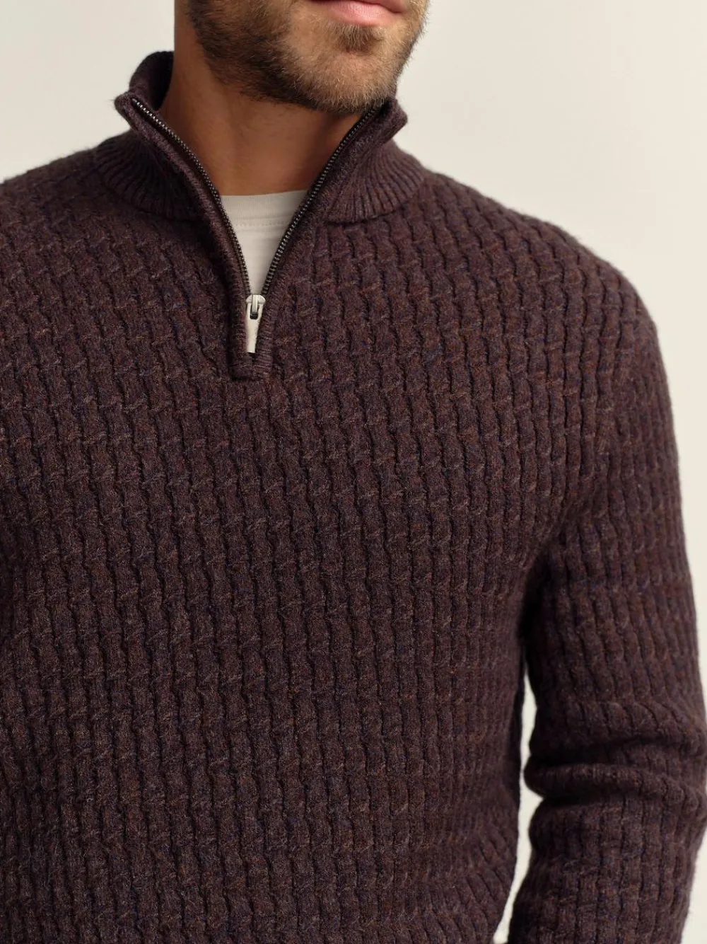 Sale Next Regular Fit Textured Quarter Zip Neck Jumper Brown