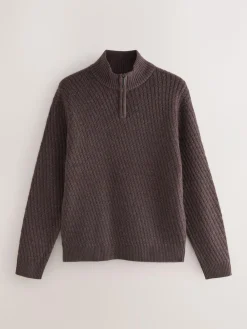 Sale Next Regular Fit Textured Quarter Zip Neck Jumper Brown