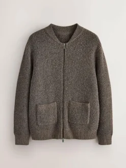 Next Rib Texture Zip Through Cardigan with Wool^ Knitwear|Knitwear