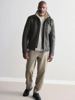 New Next Signature Four Pocket Borg Lined Leather Jacket Brown