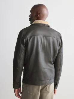 New Next Signature Four Pocket Borg Lined Leather Jacket Brown