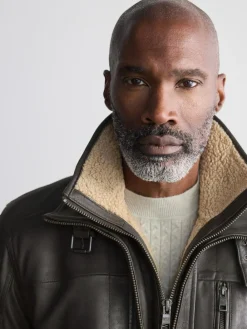 New Next Signature Four Pocket Borg Lined Leather Jacket Brown