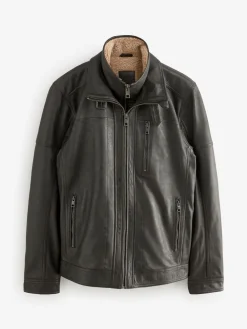 New Next Signature Four Pocket Borg Lined Leather Jacket Brown