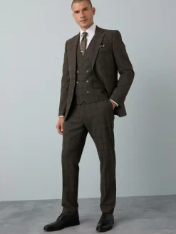 Online Next Brown Slim Fit Trimmed Check Suit Jacket