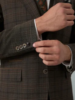 Online Next Brown Slim Fit Trimmed Check Suit Jacket