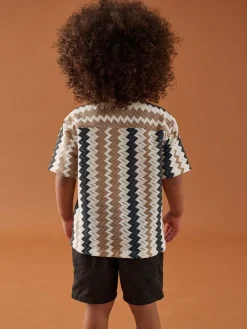 New Next Short Sleeves Textured Shirt (3mths-7yrs) Brown Zig Zag Stripe