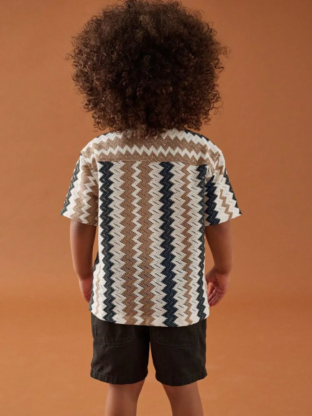 New Next Short Sleeves Textured Shirt (3mths-7yrs) Brown Zig Zag Stripe