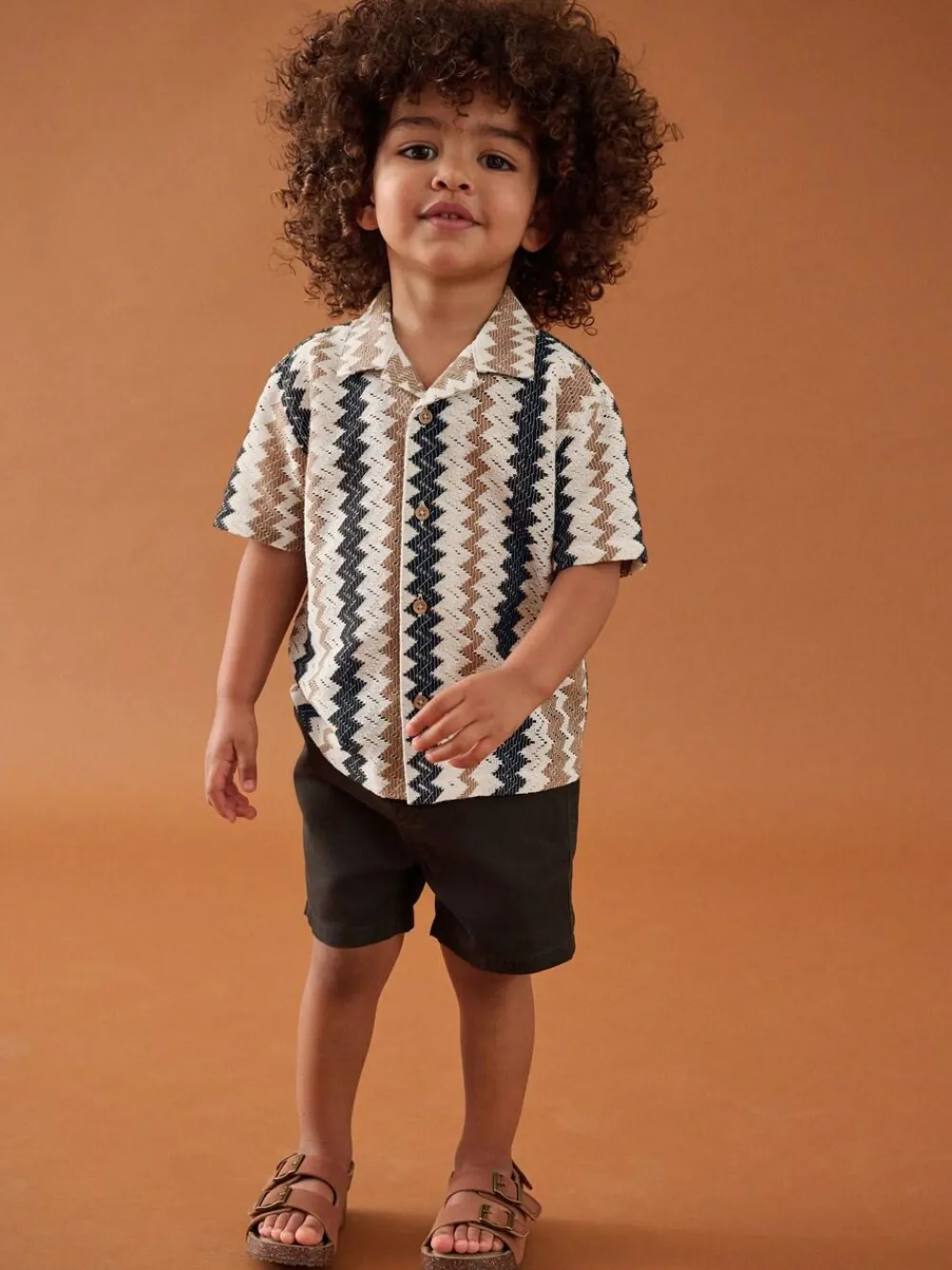 New Next Short Sleeves Textured Shirt (3mths-7yrs) Brown Zig Zag Stripe