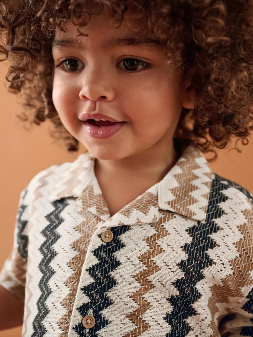 New Next Short Sleeves Textured Shirt (3mths-7yrs) Brown Zig Zag Stripe