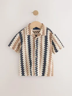 New Next Short Sleeves Textured Shirt (3mths-7yrs) Brown Zig Zag Stripe