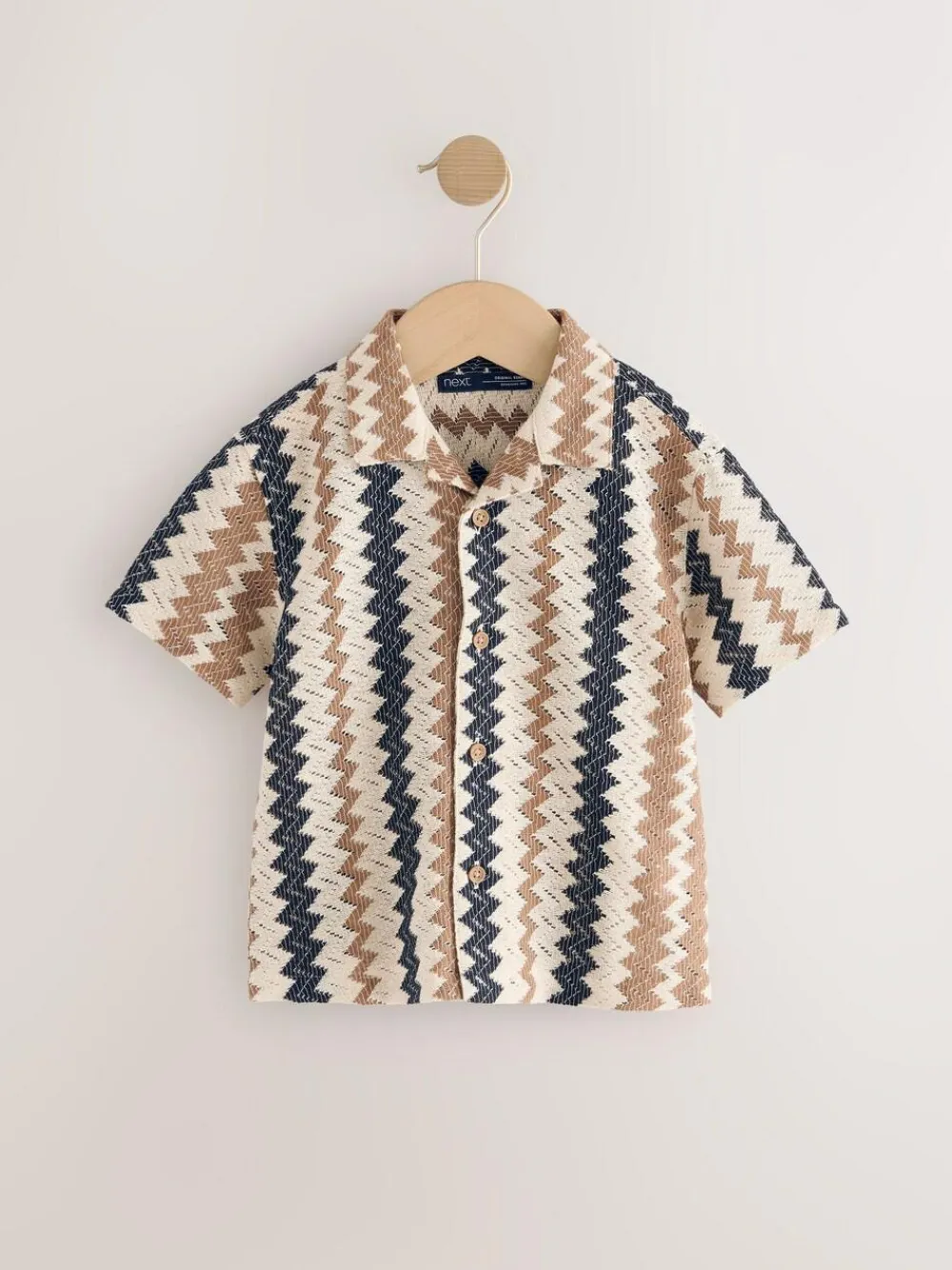 New Next Short Sleeves Textured Shirt (3mths-7yrs) Brown Zig Zag Stripe