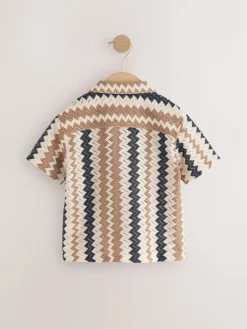 New Next Short Sleeves Textured Shirt (3mths-7yrs) Brown Zig Zag Stripe