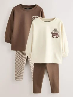 New Next Brown/Cream Babyccino Long Sleeve Tops & Leggings Set 2 Pack (3mths-7yrs)