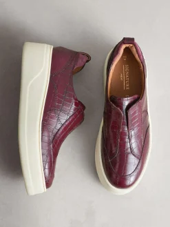 Discount Next Signature Leather Chunky Wedge Platform Trainers Burgundy Croc Effect