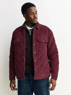 New Next Borg Lined Diamond Quilt Corduroy Shacket Burgundy Red