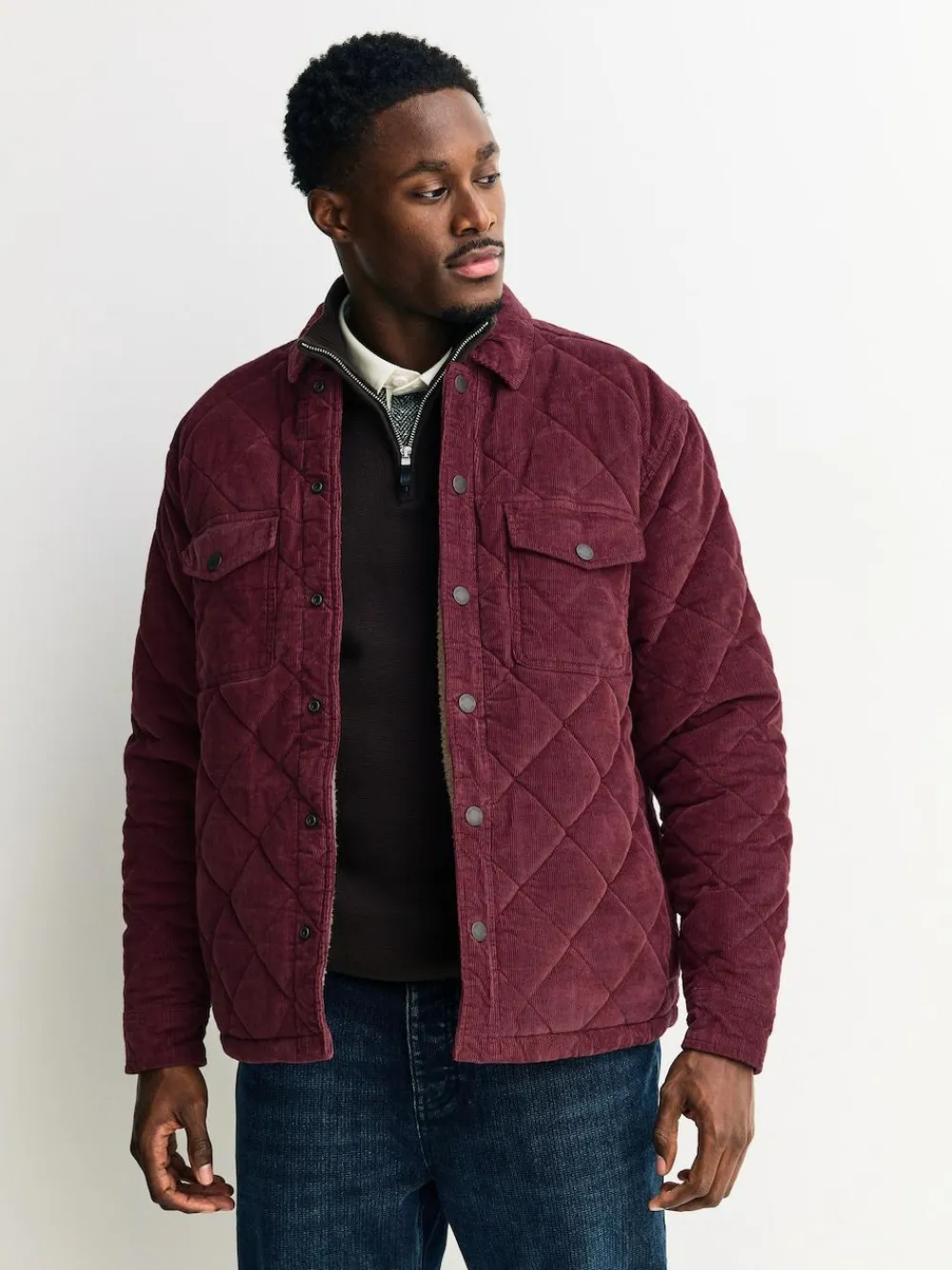 New Next Borg Lined Diamond Quilt Corduroy Shacket Burgundy Red