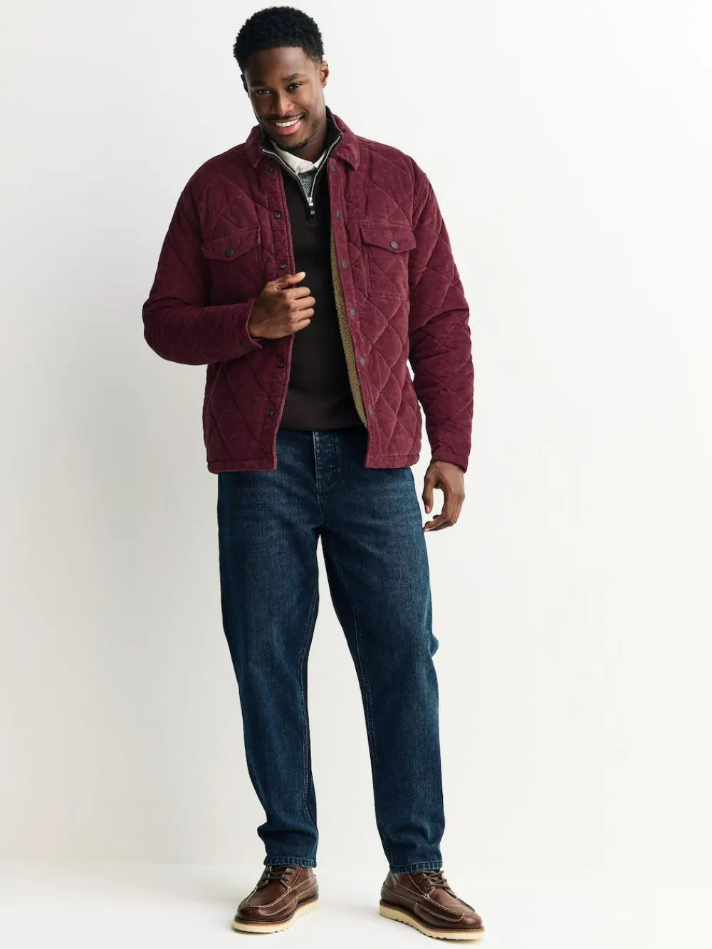 New Next Borg Lined Diamond Quilt Corduroy Shacket Burgundy Red