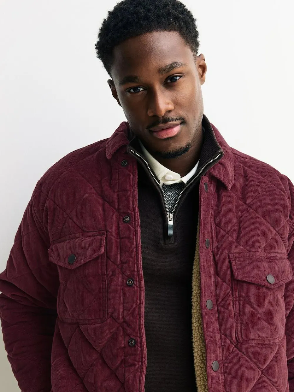 New Next Borg Lined Diamond Quilt Corduroy Shacket Burgundy Red