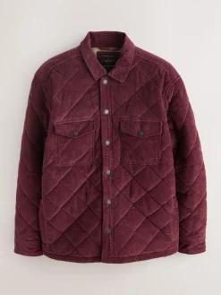 New Next Borg Lined Diamond Quilt Corduroy Shacket Burgundy Red