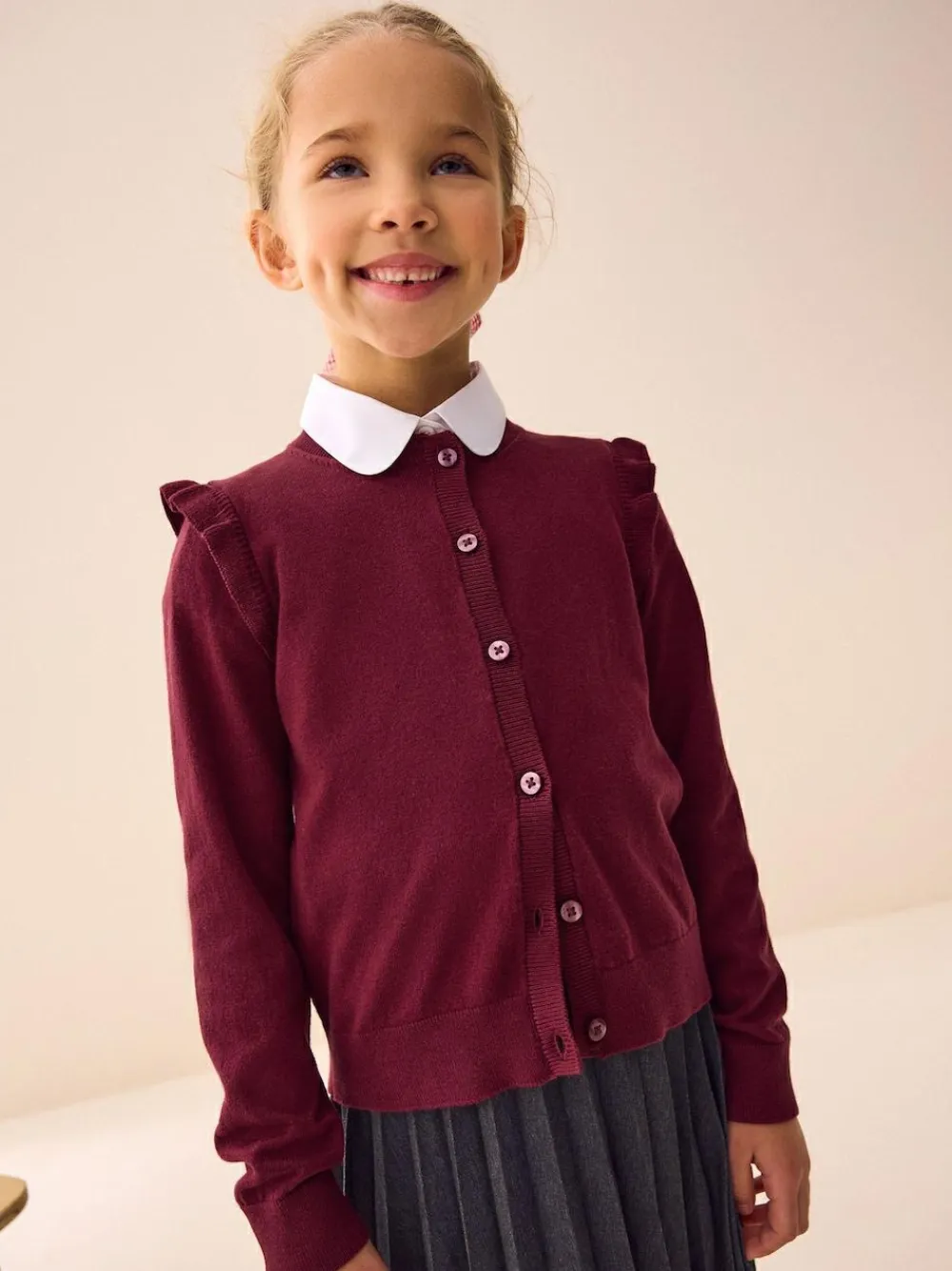 Clearance Next Burgundy Red Cotton Rich Frill Shoulder School Cardigan (3-16yrs)