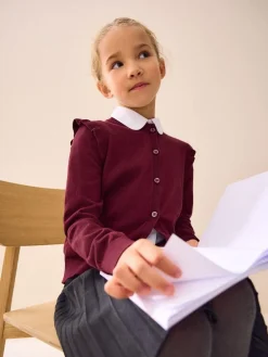 Clearance Next Burgundy Red Cotton Rich Frill Shoulder School Cardigan (3-16yrs)