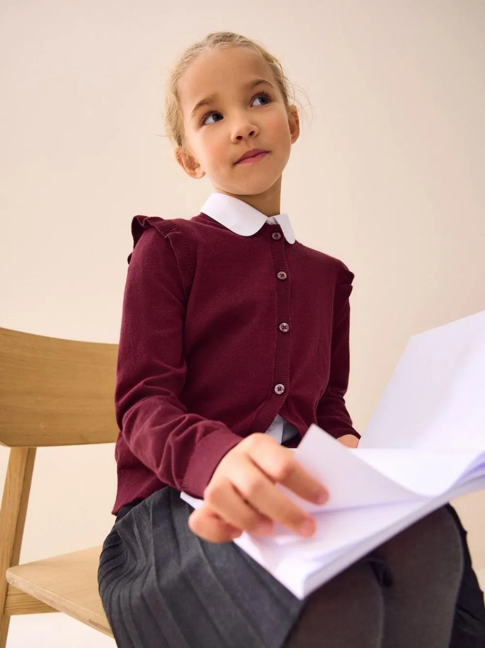 Clearance Next Burgundy Red Cotton Rich Frill Shoulder School Cardigan (3-16yrs)