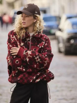 Discount Next Jacquard Teddy Borg Quarter Zip Fleece Sweatshirt Burgundy Red Floral