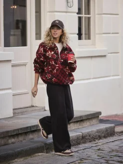 Discount Next Jacquard Teddy Borg Quarter Zip Fleece Sweatshirt Burgundy Red Floral