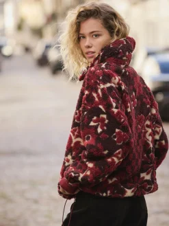 Discount Next Jacquard Teddy Borg Quarter Zip Fleece Sweatshirt Burgundy Red Floral