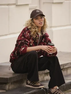 Discount Next Jacquard Teddy Borg Quarter Zip Fleece Sweatshirt Burgundy Red Floral