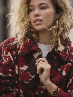 Discount Next Jacquard Teddy Borg Quarter Zip Fleece Sweatshirt Burgundy Red Floral