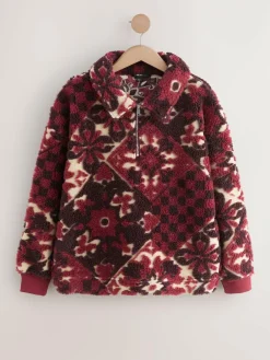 Discount Next Jacquard Teddy Borg Quarter Zip Fleece Sweatshirt Burgundy Red Floral